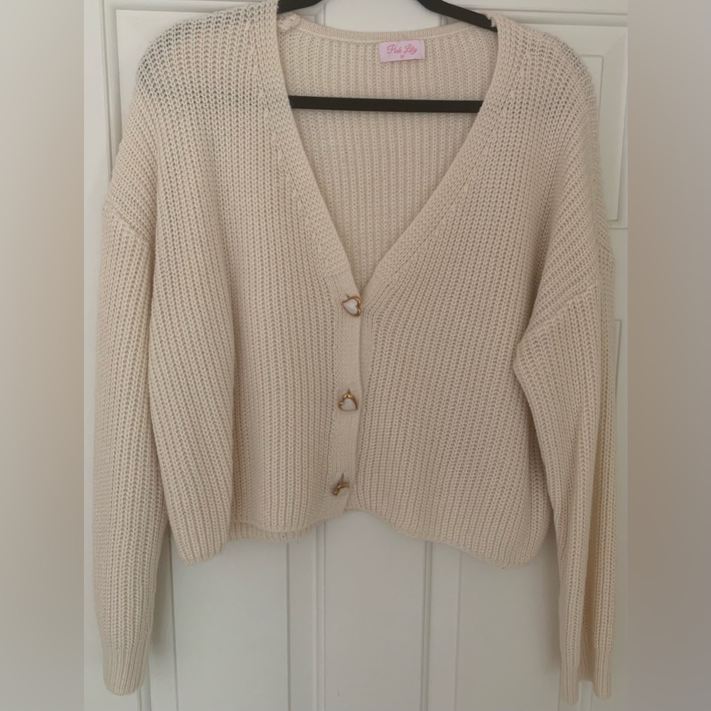 Pink Lily Cream Button-Up Cardigan